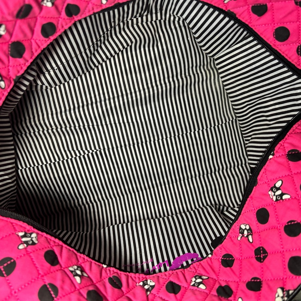 Betsey Johnson Pink French Bulldog Polka Dot Quilted Duffel Bag Weekend Travel - Picture 11 of 14